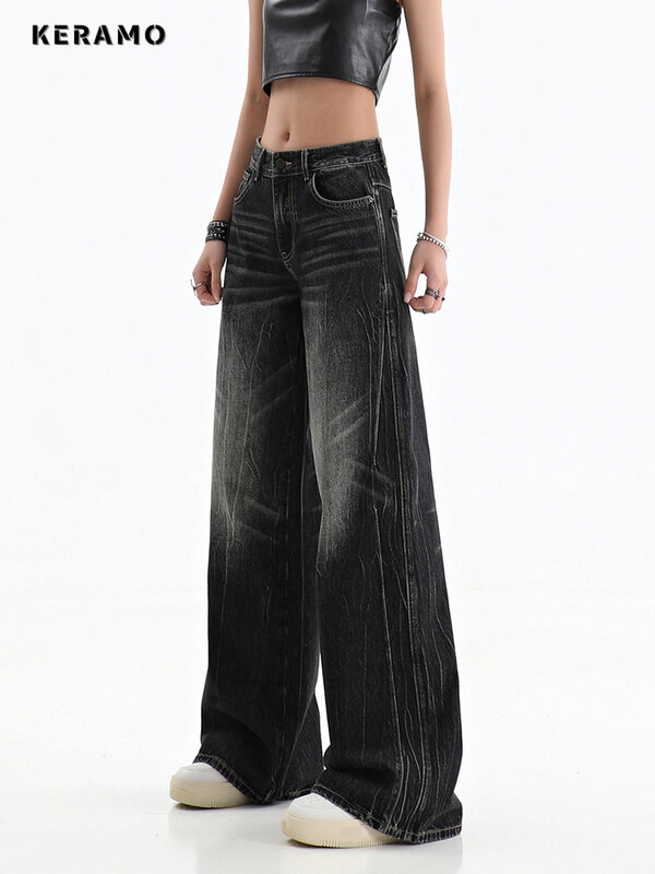 2024 primavera donna stile Casual Jeans alla moda Vintage a vita alta pantaloni larghi Y2K gamba larga Punk larghi pantaloni in Denim nero