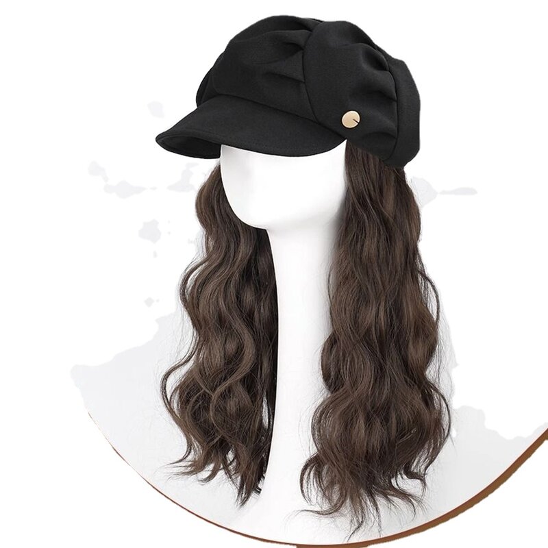 Gorra de béisbol ondulada larga sintética coreana con extensión de cabello, gorro integrado, sombrero natural, peluca para niñas