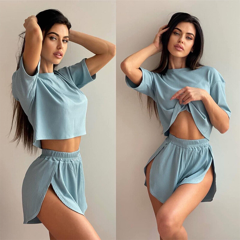 Y2k Two Piece Sets Women Round Neck Tops Short Sets Short Sleeve Lace Up Elastic Waist Loose Casual Summer Set Matching Sets
