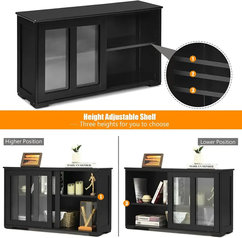 Aparador Buffet Cabinet com prateleira ajustável e portas deslizantes de vidro, armário empilhável, mesa de armazenamento, jantar e sala
