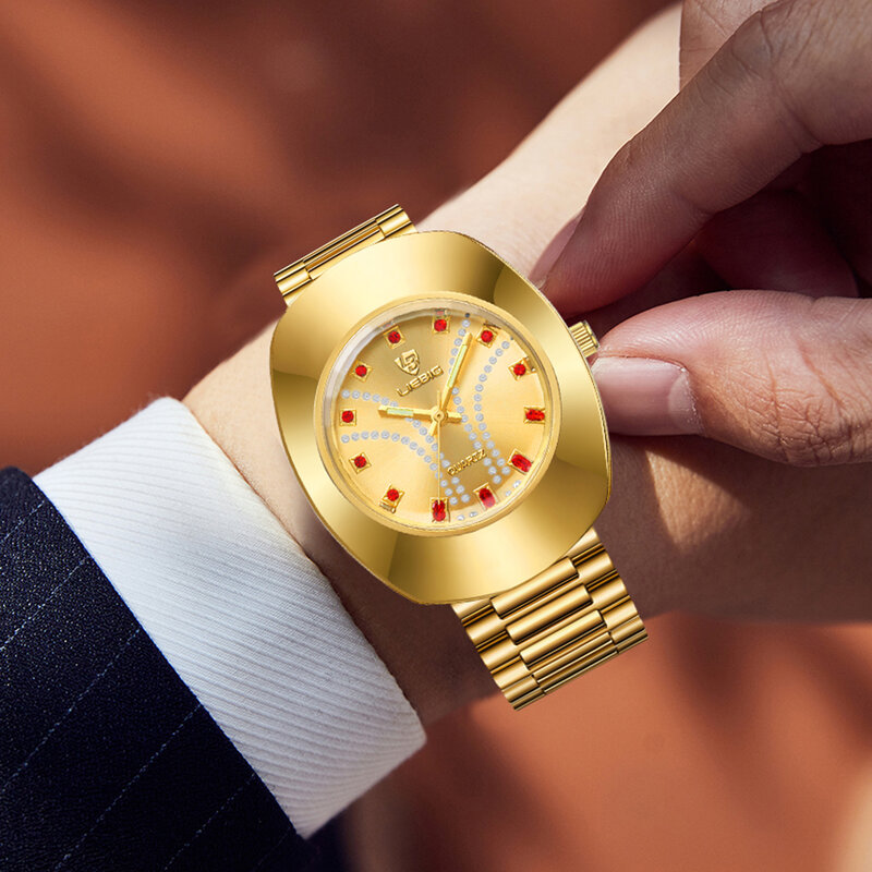 นาฬิกาควอตซ์ Jam Tangan pasangan ทองสำหรับผู้ชาย, นาฬิกาควอทซ์ผู้หญิงนาฬิกาข้อมือหรูหรากันน้ำ