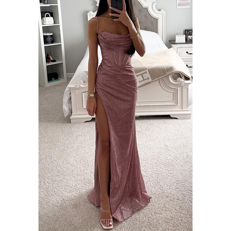 Sexy Sparkly Formal Occasion Dress For Women Chic Spaghetti Strap High Split Prom Long Dresses Lady Cocktail Evening Party Gowns