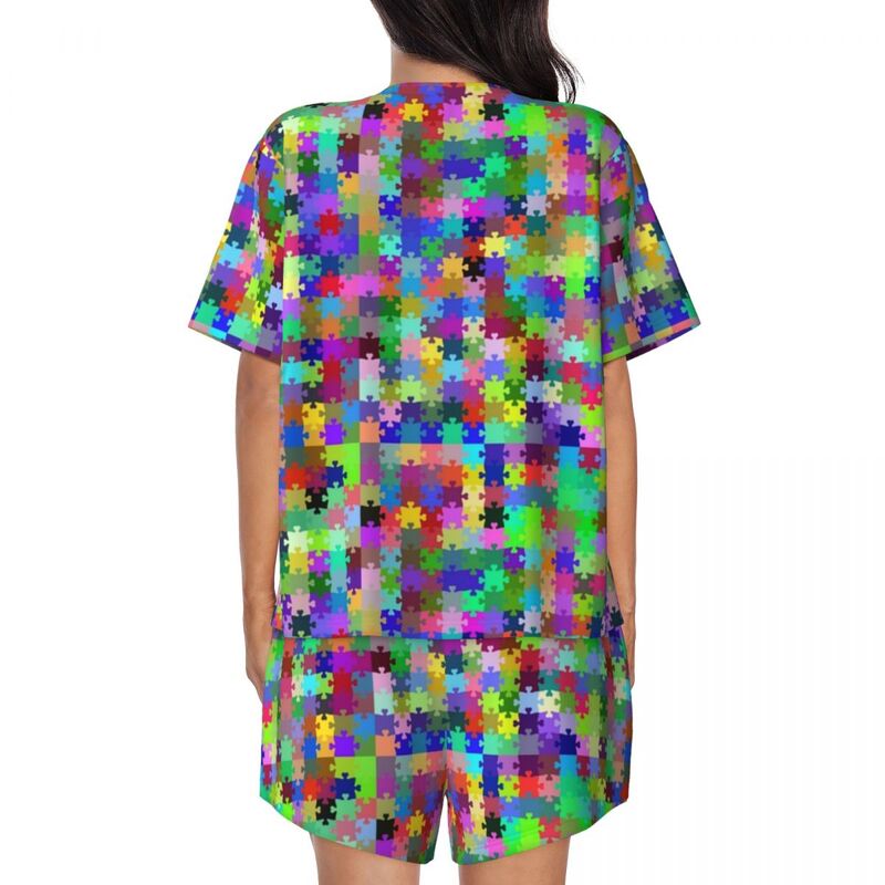 Conjunto de pijamas estampados personalizados para mulheres, quebra-cabeça com consciência do autismo, manga curta, pijamas de 2 peças