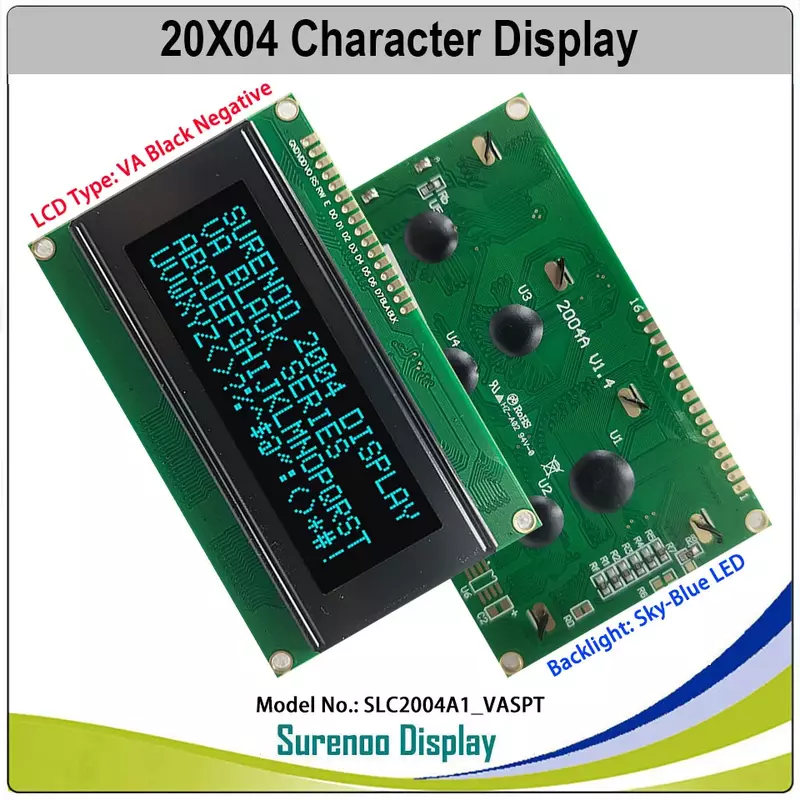 Surenono-LCM VA Negative LCD Module Display Screen, preto, branco, azul, laranja, verde, LED Backlight, 204, x 4, 2004 Personagem