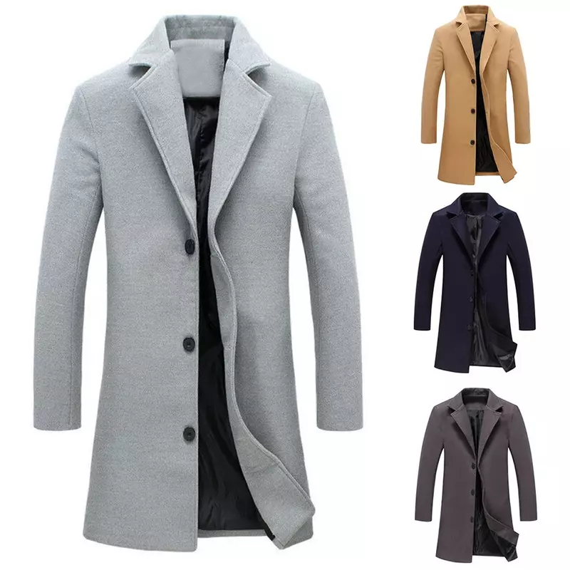 Abrigos de lana para hombre, un solo pecho con solapa de Chaqueta larga, abrigo informal de talla grande, 5 colores, moda de otoño e invierno
