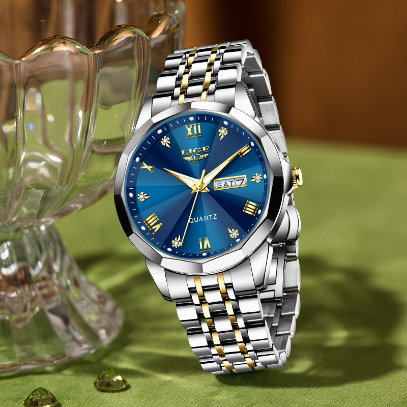 LIGE Luxury Fashion Quartz Woman Watch Elegant Waterproof Date Stainless Women Wristwatch Luminous Week Ladies Clock Reloj Mujer