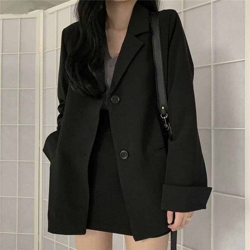 Jaket Jas Hitam Murni Komuter Wanita Kantor Klasik Depan Terbuka Mantel Blazer Poliester Pakaian Sehari-hari Kancing Sebaris