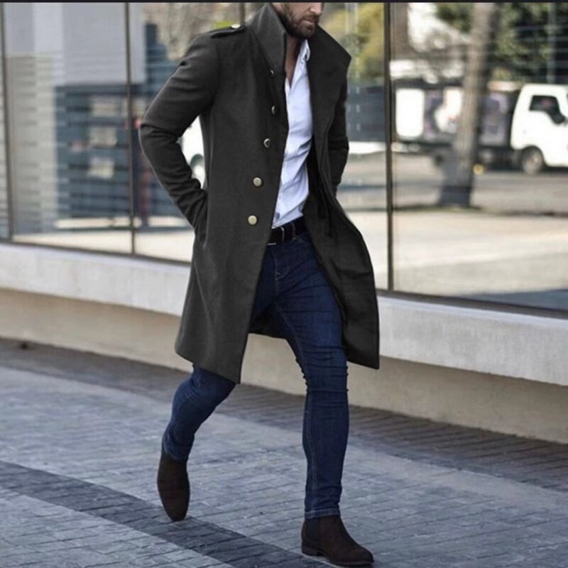 جديد معطف الربيع والخريف جديد الرجال الصوفية الوقوف طوق مشبك معدني الديكور منتصف طول جيب الاتجاه عارضة ضئيلة معطف