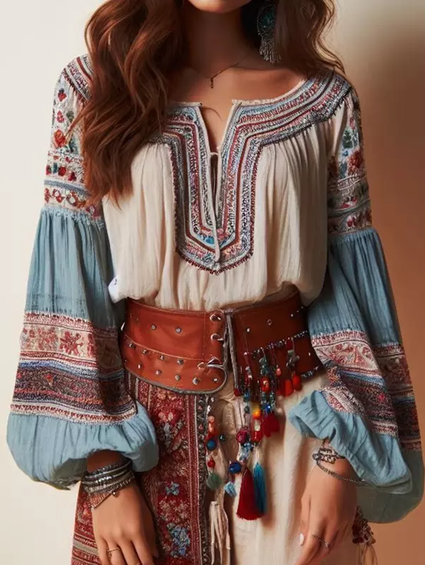 Lantern Sleeves Boho Blouse Floral Pattern Drawstring O Neck Hollow Ethnic Style Women Tops Spring Summer Autumn Chic Blouses