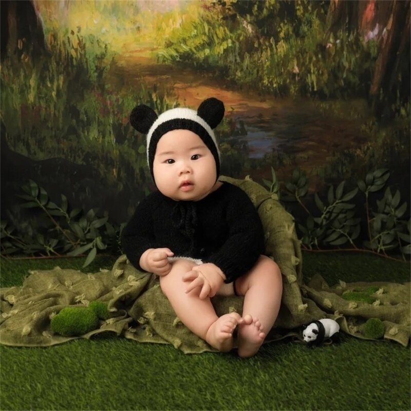 K5DD rekwizyty fotograficzne dla dzieci kostium kombinezon Panda czapka uszami niemowlę prysznic rekwizyty na przyjęcia