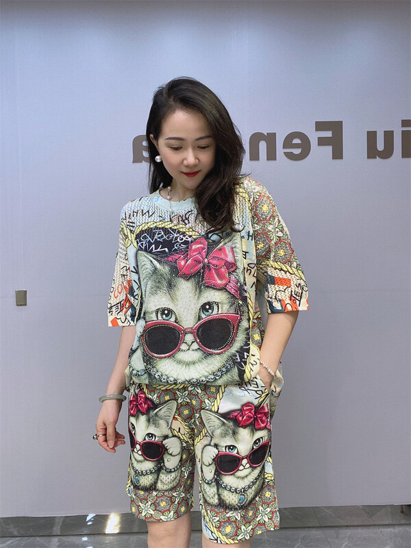 Cartoon Printed Short Sets Women Summer Clothes Loose Tracksuit Casual Knitting Diamonds Beading Two Piece Sets Womens Outifits