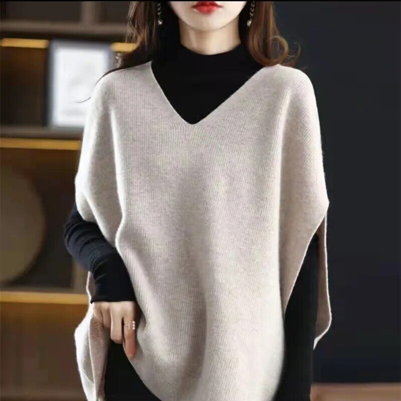 Imitation Wool Knitted Vest Spring Autumn 2023 New Sweaters Women's V-neck Solid Casual Loose Pullover Knitted Leisure Coat B5