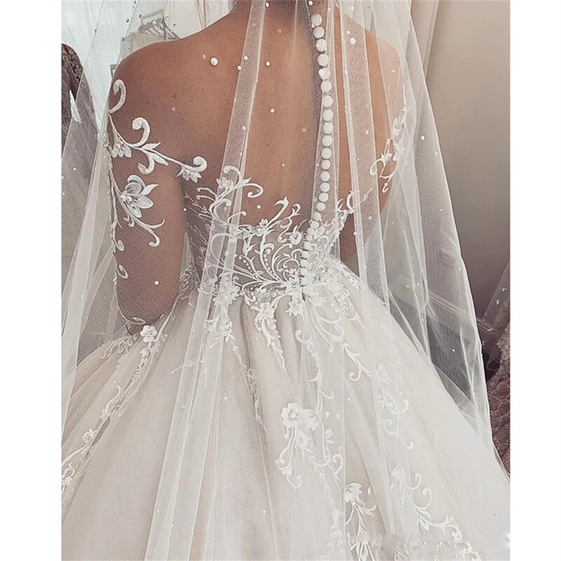 Elegante Appliques pizzo perla Illusion Ball Gown 2024 abiti da sposa per donna corte treno abiti da sposa Vestidos De Novia