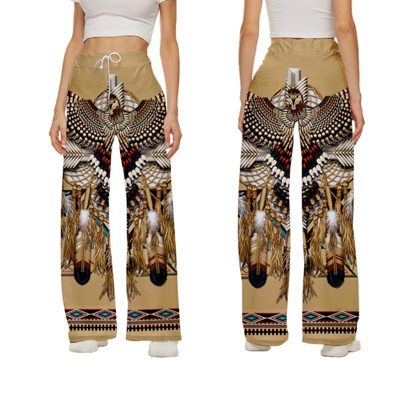 Plemię totemy pełnej długości spodnie szerokie nogawki drukowane cienki stylowy modna dla hipsterki spodnie letnie w koreańskim stylu moda uliczna odzież damska