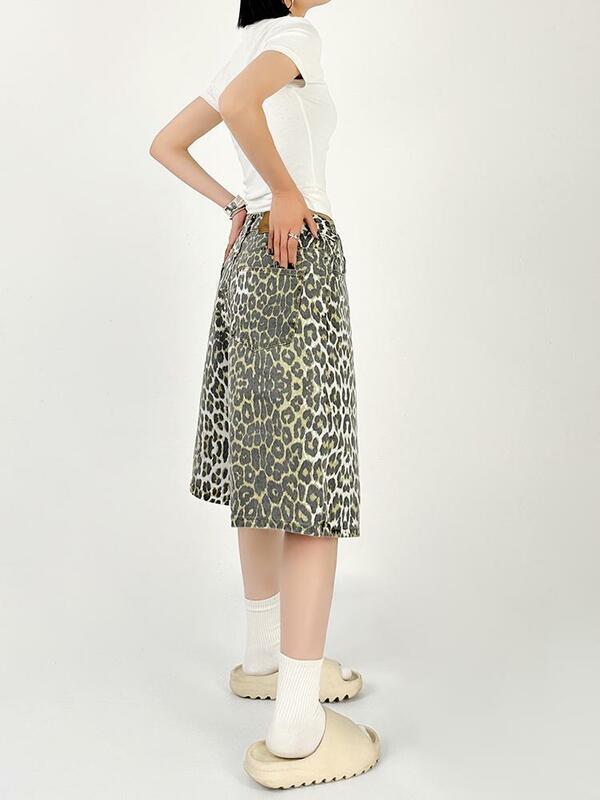 QWEEK Women Tan Leopard Print Denim Shorts Y2k Baggy Vintage Streetwear High Waist Jeans Summer Wide Leg Five Points Trouser