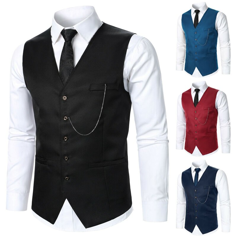 Colete casual formal de terno masculino, gola V, sem mangas, encaixe fino, cor sólida, peito único, jaqueta masculina de cavalo