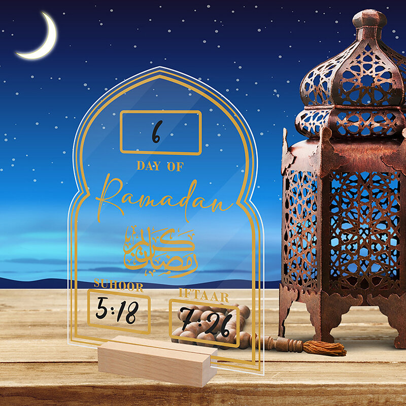 Tableau de calendrier du Ramadan en acrylique réutilisable, base en bois, ornement de table, Mubarak, Eid, jour de l'avent, cadeaux de compte à rebours avec stylo