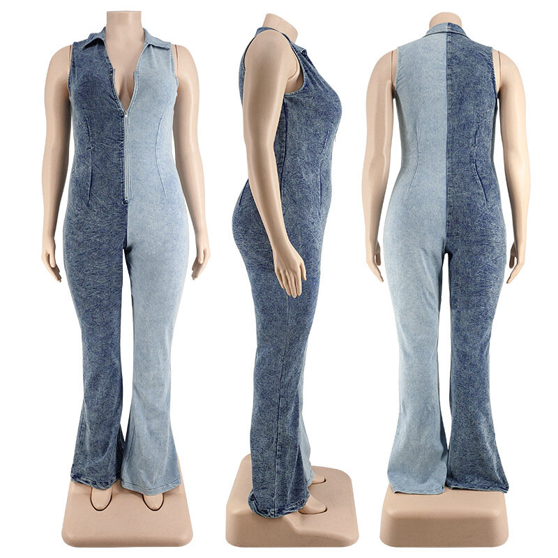Женский джинсовый комбинезон в стиле пэчворк, без рукавов, с отложным воротником, на молнии, широкие брюки, цельный комбинезон, уличная одежда 2023
