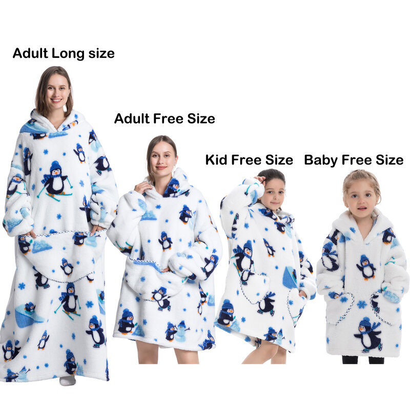 Flannel Blanket with Sleeves Winter Hoodies Sweatshirt   Fleece Giant Wearable Blanket Hoodie Oversized for adults kids babys