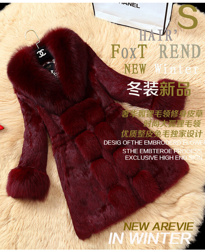 Imitation Rex Rabbit Fur Ladies Fur Wholesale Coat Medium and Long New Large Fox Fur Collar Coat Imitation Fur