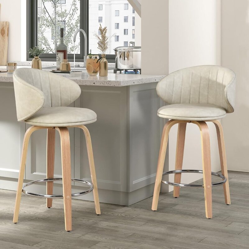 Modern Bar Stools Set of 2 Mid Century Bentwood Barstools Swivel Faux Leather Stools with Back for Kitchen Counter Restaurant