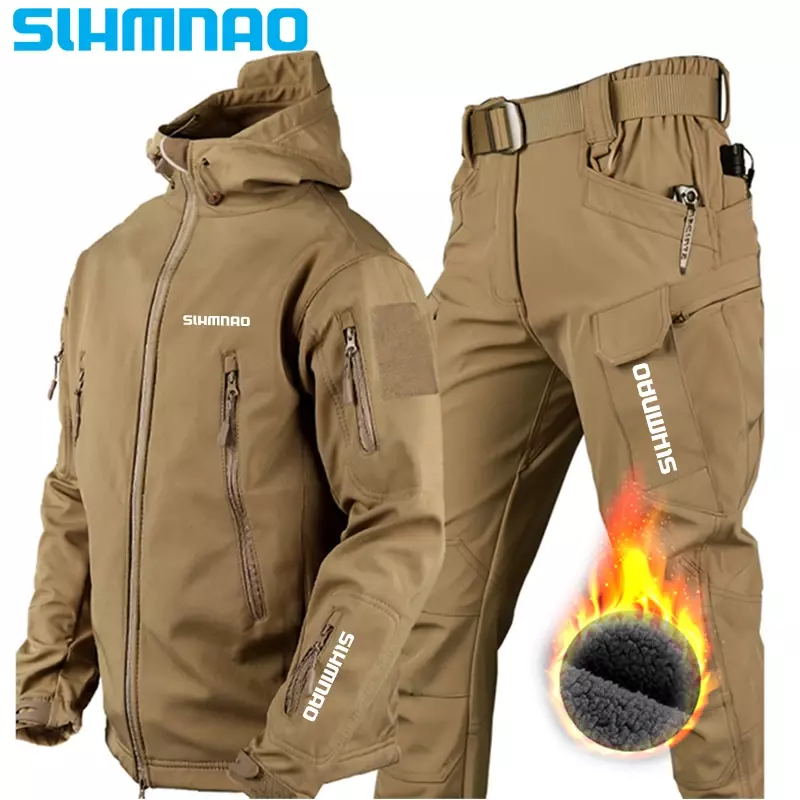 男性用ソフトシェル釣りスーツセット、屋外のサメの皮、特殊部隊の戦術的なジャケット、防水と暖かいサイクリングジャケット、2024