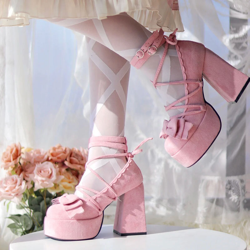 Frauen Pumps Lolita Mary Jane Plattform klobigen High Heel Riemen Bogen knoten Damen Sandalen weibliche Mode süße süße Harajuku Schuhe