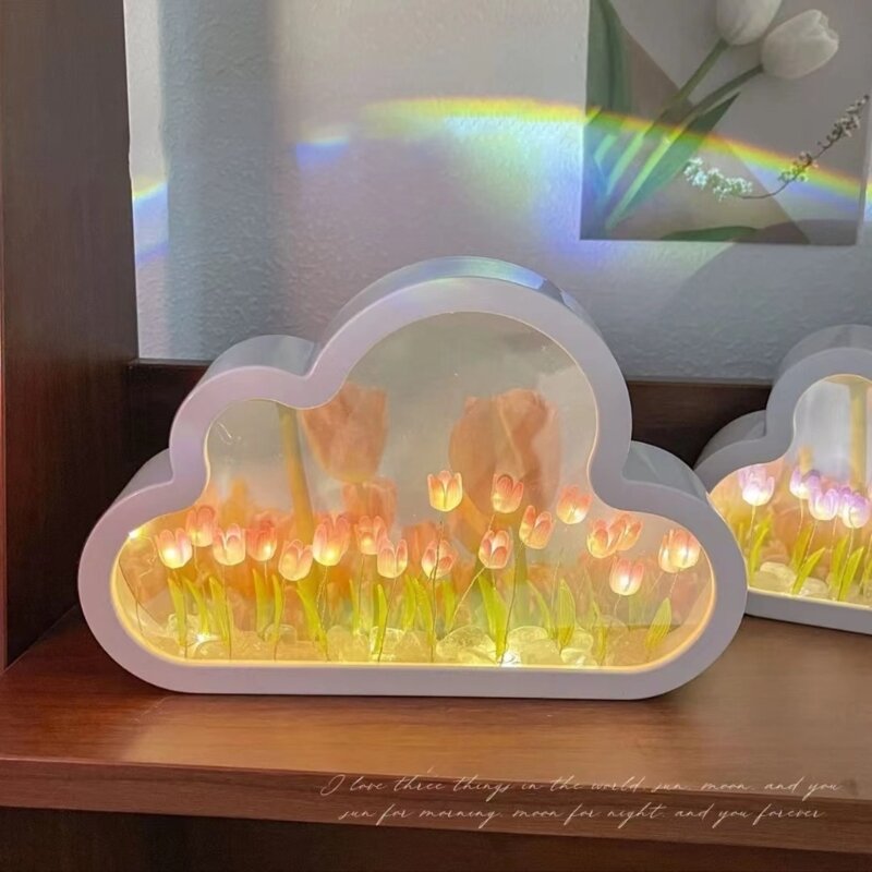 DIY Cloud lampu malam dekorasi ornamen rumah tangga, cermin Tulip meja untuk anak-anak perempuan anak laki-laki kamar tidur dekorasi