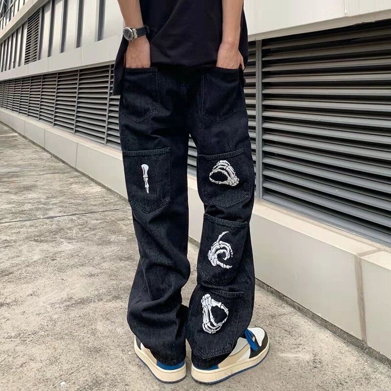 Streetwear Harajuku preto masculino, alt jeans, calça reta de perna larga, calças jeans de cintura alta, roupas grandes, Y2K