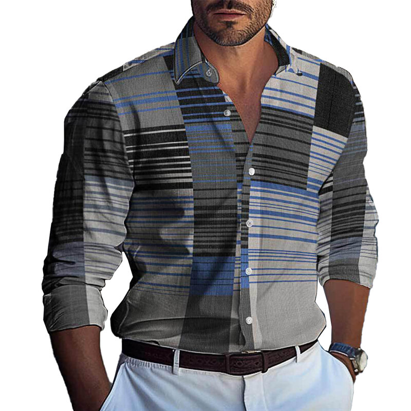 Camisa de manga larga para hombre, camisa con cuello de banda, solapa de Fitness, estampado Regular, nueva marca diaria, cómoda