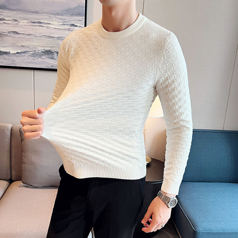 Jesienno-zimowy odcinek żakardowy tkany sweter z okrągłym dekoltem męski wafel Slim Fit z długim rękawem dzianinowe swetry casualowe w stylu Streetwear Homme