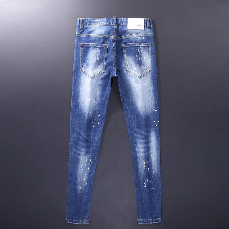 Elastic Stretch Slim Fit para homens pintados jeans rasgados, calça jeans vintage, streetwear remendado, moda retrô, azul