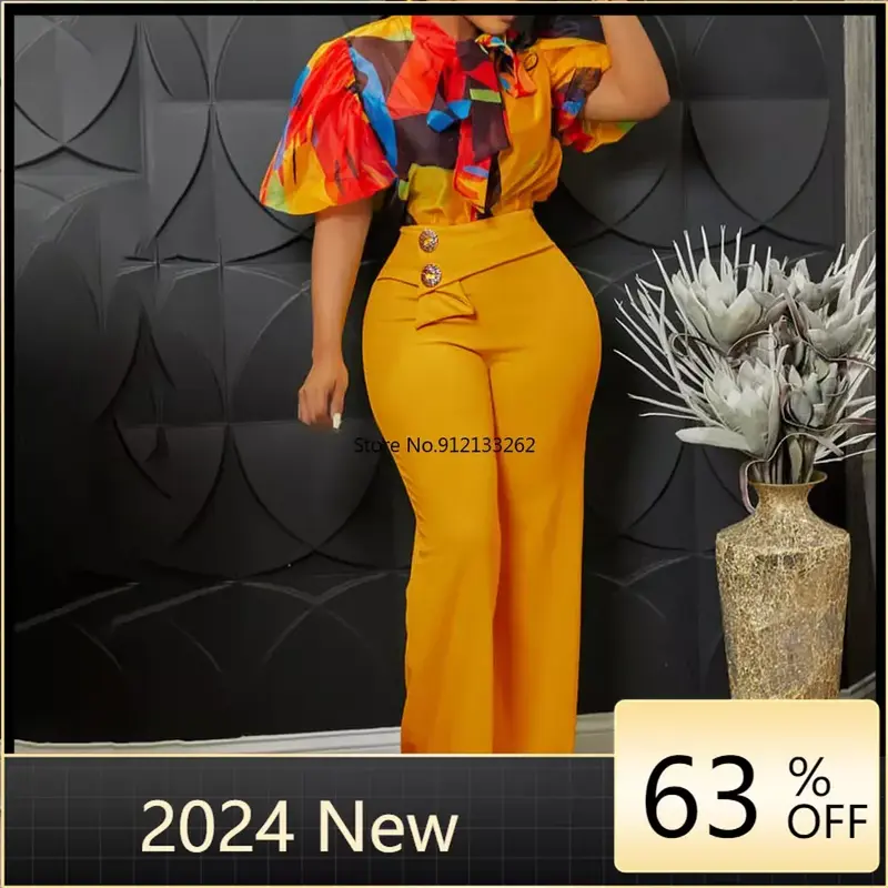 New Summer Printed Women's Trousers Suit Stand-up Collar Long-sleeved Shirt Top Wide Leg Pants Fashion 2 Piece Set