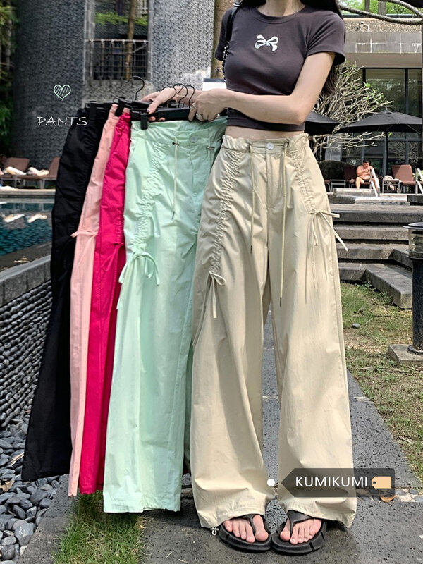 Брюки-карго женские плиссированные, шикарные повседневные свободные штаны, уличная одежда, длинные широкие брюки карамельных цветов, на лето