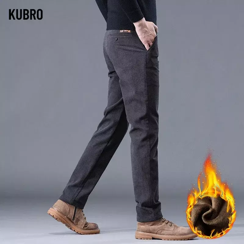 KUBRO-Calças inteligentes de lã espessada para homem, calça casual de negócios, calça macia de algodão quente, calça reta pequena, inverno, alta qualidade