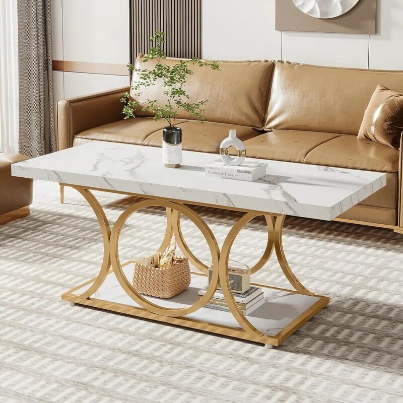 Meja kopi persegi panjang 47.24 inci, meja kopi Modern untuk ruang tamu, furnitur rumah dengan rak penyimpanan (Putih dan emas) ruang makan