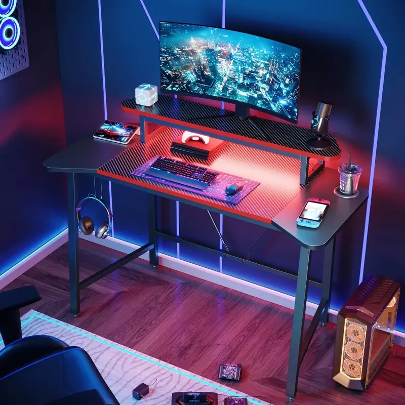Escritorio de fibra de carbono para videojuegos, mesa de oficina con luces LED y soporte para Monitor, muebles de oficina, 50,3 pulgadas