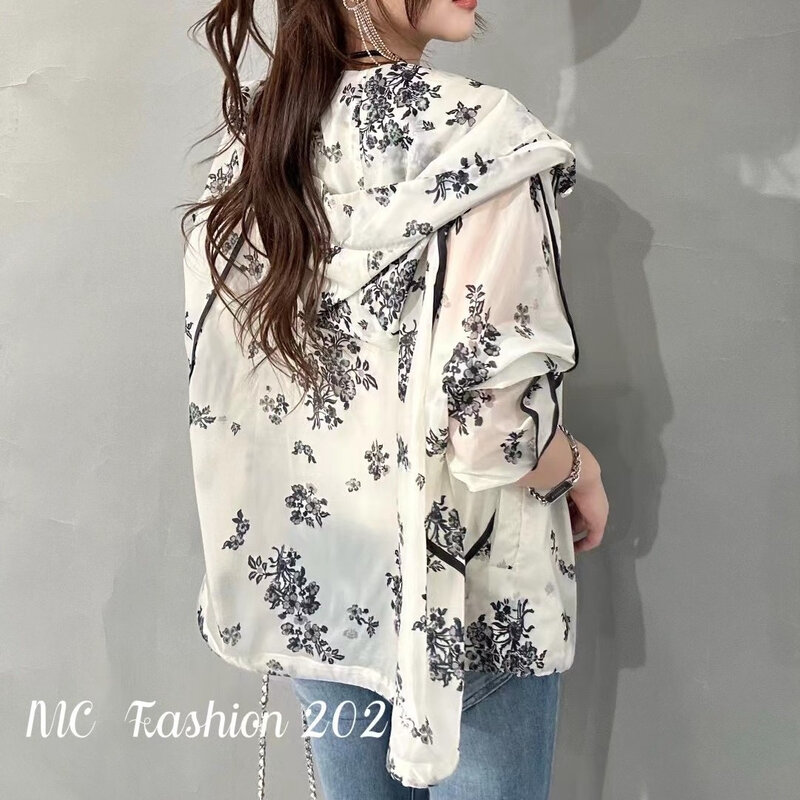 Hooded Jackets Women Sheer Sun-proof Leisure Thin Print Daily Summer All-match Loose Retro Chinese Style Design Ladies Stylish