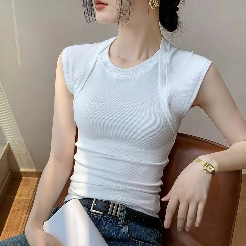 T-shirt sem mangas emendado das mulheres, falso 2 peças, Slim Fit
