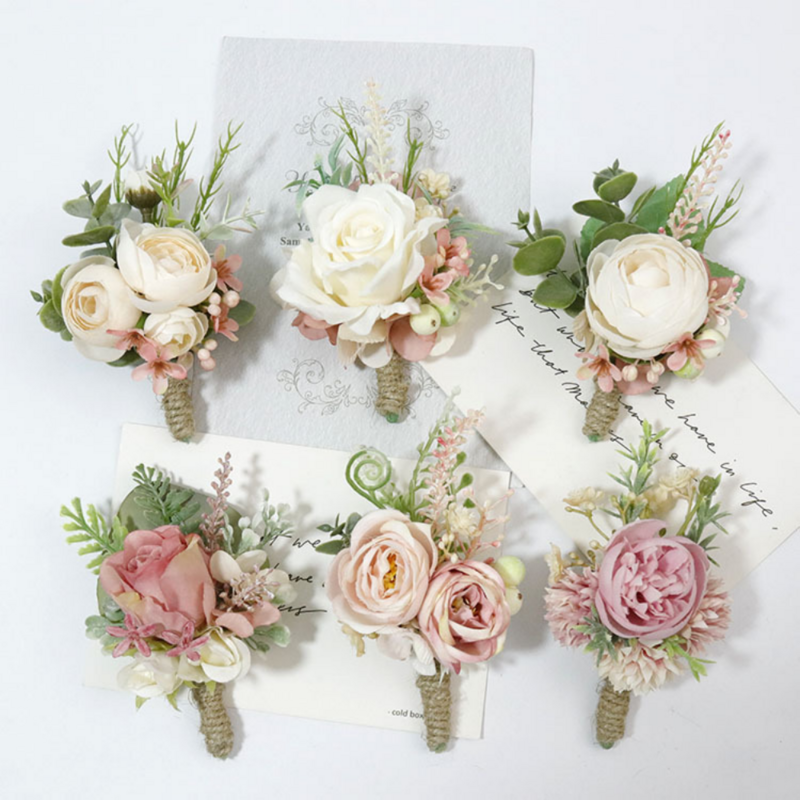 Sztuczne zakurzone różowe jedwabna róża Boutonnieres na szpilki dla pana młodego kwiaty broszka na nadgarstek stanik dekoracja ślubna accessoire mariage