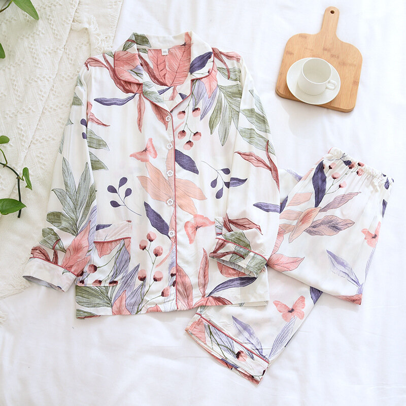 Conjunto de duas peças roupas femininas para a primavera e outono de manga comprida viscose algodão calças ternos feminino pijamas conjunto