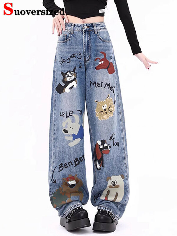 Jeans dritti larghi con stampa Graffiti coreano Oversize 4xl pantaloni in Denim Vintage a vita alta donna Design Chic Streetwear Kot Pantolon