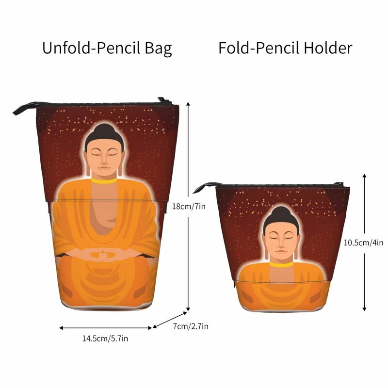Buddha Lotus Posição Pen Box Estudante Escola Zipper Pen Bag Vertical Lápis Retrátil Caso