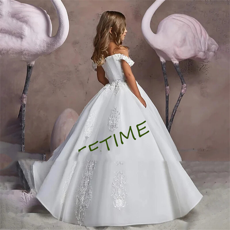 Elegant Off Shoulder Lace Appliques Flower Girl Dresses 2024 Princess Ball Gown Pageant Birthday Party Kids First Communion Gown