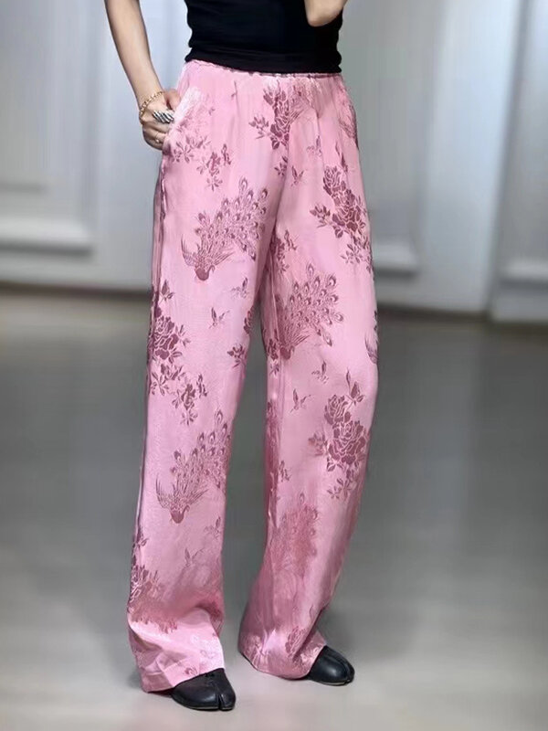 Celana kaki lurus Jacquard Rayon pinggang elastis berwarna permen modis wanita baru musim semi dan panas S-XL