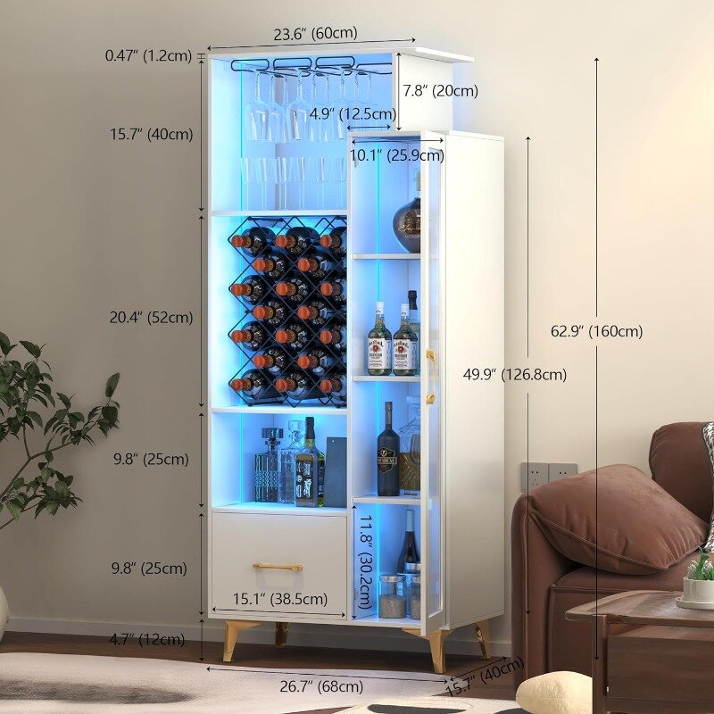 LED Liquor Wine Cabinet, Wine Bar Cabinet with USB Port, Bar Cabinets  Tall Sideboard Buffet Storage Cabinet