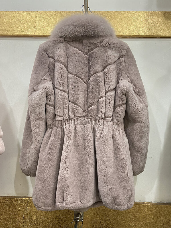Женское зимнее теплое плотное пальто из натурального меха кролика Рекс, облегающее длинное пальто из натурального меха лисы с воротником