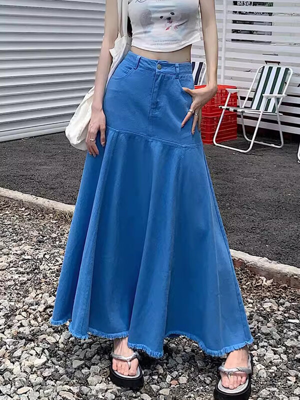 Nova saia comprida de ganga de verão para mulher Moda Saia de cintura alta com cintura e tornozelo Saia casual solta com folhos azul brilhante