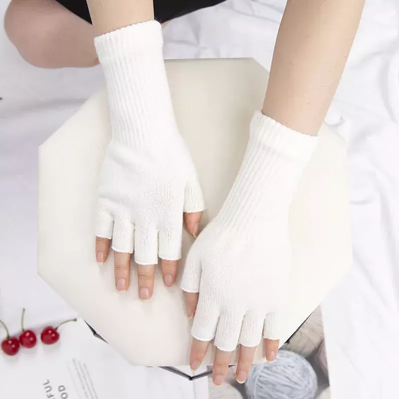 Guantes de medio dedo para hombre y mujer, Manoplas de algodón de punto de lana, cálidos, de trabajo, color blanco y negro, 2022
