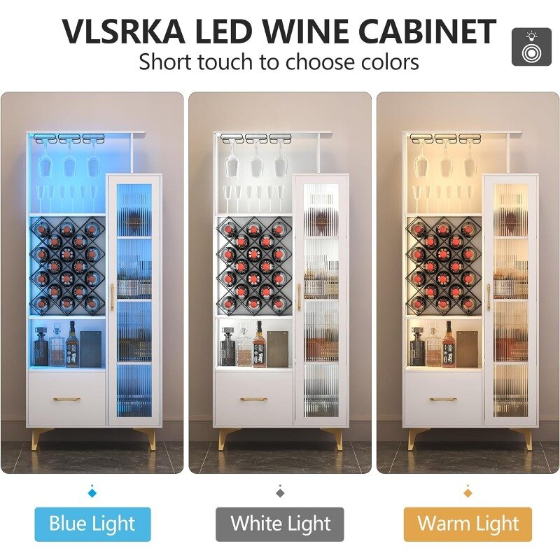 LED Wine Bar Gabinete com porta USB, Buffet Storage Cabinet, Tall Sideboard